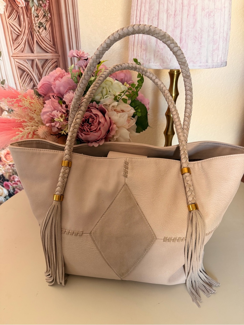 Elegant Pale Pink Tote Bag with Braided Tassel Handles